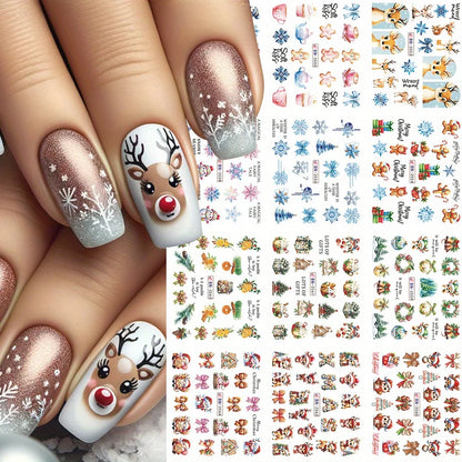 12 Designs Christmas Watermark Nail Stickers Gingerbread Man Deer Bow Snowflake Tree Santa Water Sliders Holiday Manicure Decor