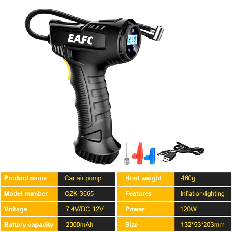 EAFC  Handheld Car Air Compressor 120W Wireless/Wired Inflatable Pump Air Pump Digital Car Tire Inflator Machine for Car Bicycle