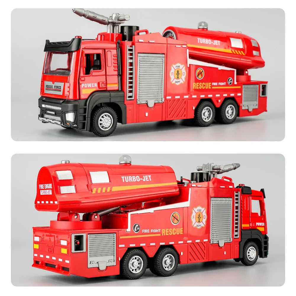 New Alloy Fire Truck Toy Large Size for Boys Water Spray & Smoke Exhaust Function Kids Ladder Rescue Vehicle Model Pull Back