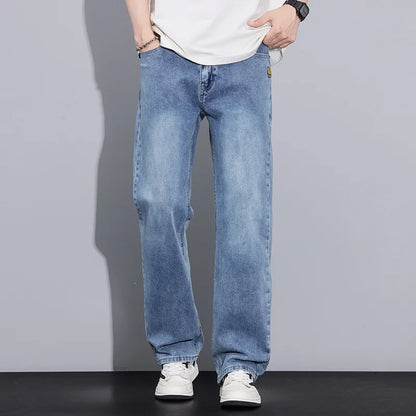 New Arrival American Vintage Wide Leg Elastic Denim Pants for Men Loose Straight Fit Flowy Versatile Casual Pants