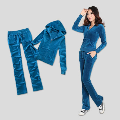 Solid Color Velvet Tracksuit 2025 Women's Zipper Top and Pants Suit Two-Piece Set