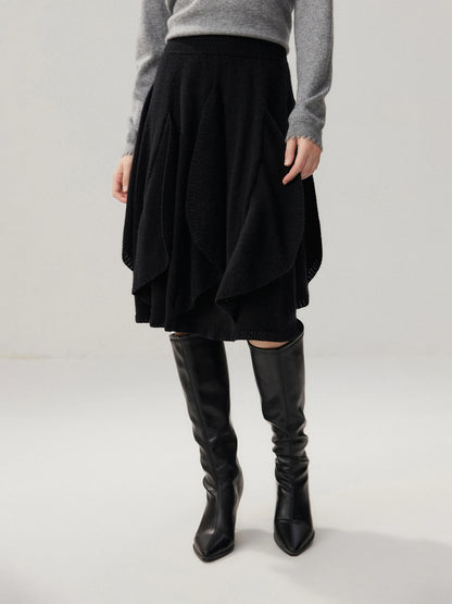 French 100% Pure Cashmere Skirt Ruffle Irregular A-line Soild Midi Sirt Autumn Winter Women Elegant Pleated  Knit Dress Fashion