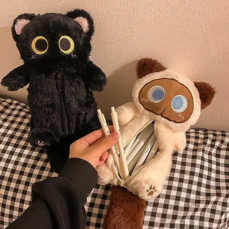 Cartoon Plush Big-Eyed Cat Pencil Case Super Soft Fun Doll Large Capacity Pencil Bags Multi-Functional Stationery Storage Bag