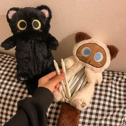 Cartoon Plush Big-Eyed Cat Pencil Case Super Soft Fun Doll Large Capacity Pencil Bags Multi-Functional Stationery Storage Bag