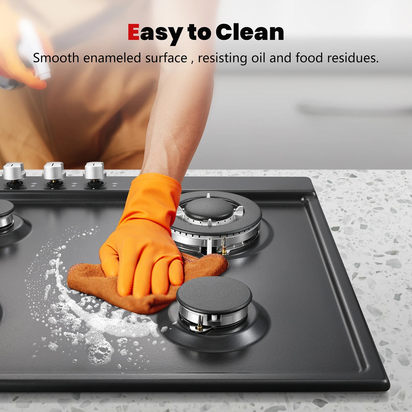 4 Burners Black Enamelled Plate 58 cm Automatic Flame Protection, Natural Gas and Propane Gas, Built-in Gas Hob
