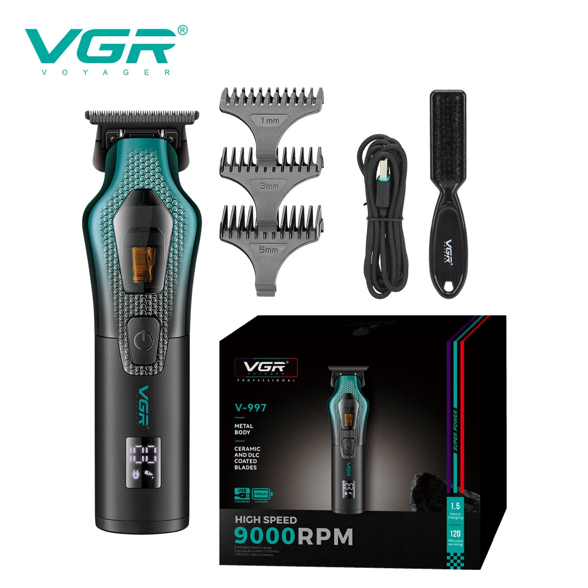 VGR electric hair clipper men's oil head carving electric push gradually changing color metal body 11000 RPM hair clipper V-997