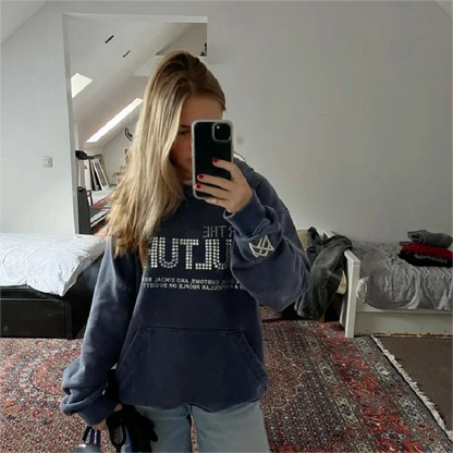 Y2K women's hooded sports shirt with letters and rhinestonespunk Gothic oversized sports shirtstreet washed and distressed