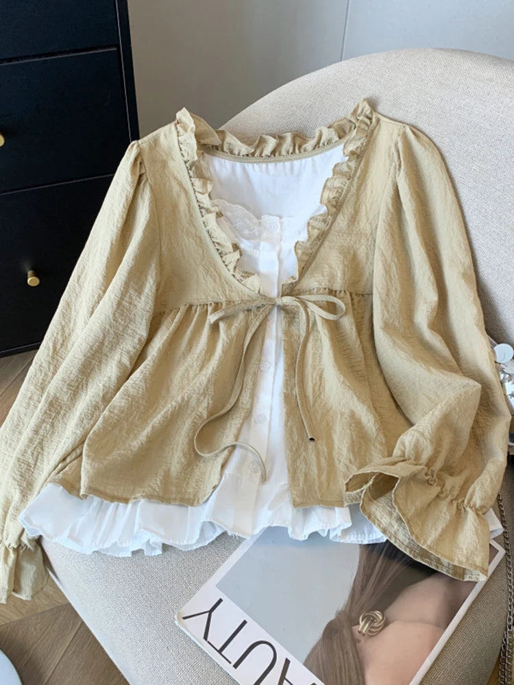 Korean Casual Sweet Fungus Lace Collar Women's Shirt Top Autumn New Women Fashion Fake Two-Piece Lace Up Long Sleeved Shirt