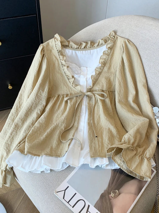 Korean Casual Sweet Fungus Lace Collar Women's Shirt Top Autumn New Women Fashion Fake Two-Piece Lace Up Long Sleeved Shirt