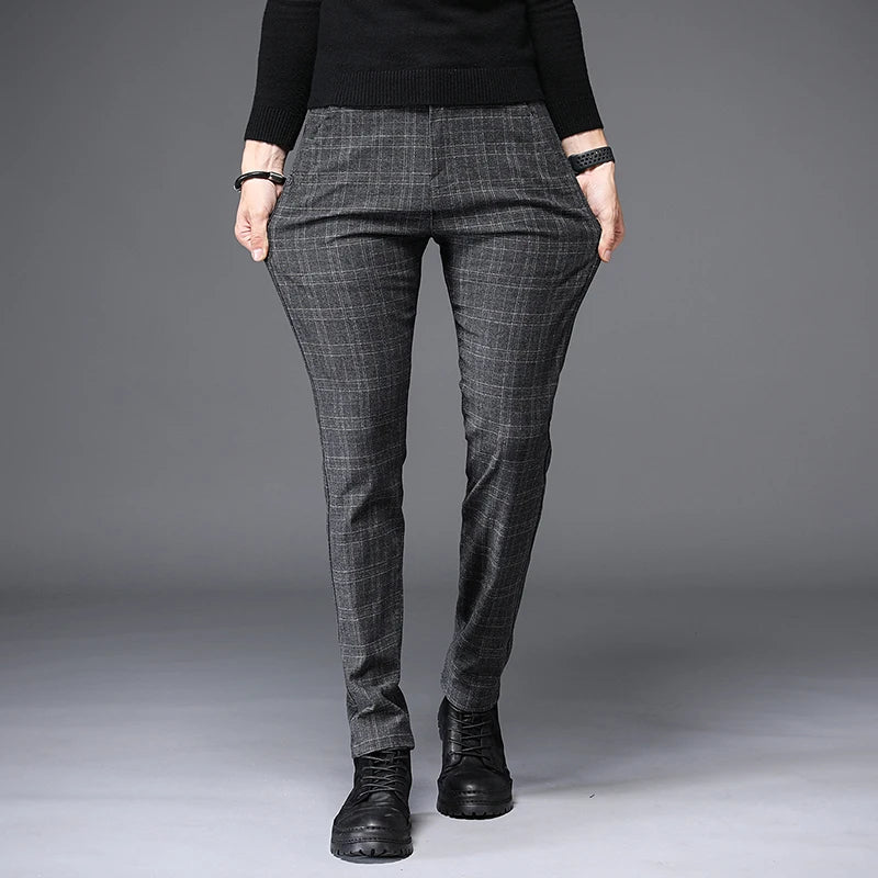 2026 Black Pants Men Plaid Trousers, Spring / Autumn New Fashion Slim Pants Men Gray Stripe Slacks 28-38 Pantalones Hombre