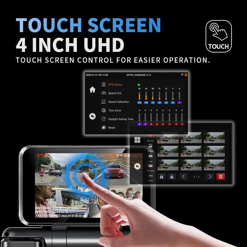 XUOIB I9pro-WB 4CH 360° Dash Cam 4'' Touch Screen 4K/2K Front for Car DVR Camera 24H Parking Mode GPS WiFi Recorder Night Vision