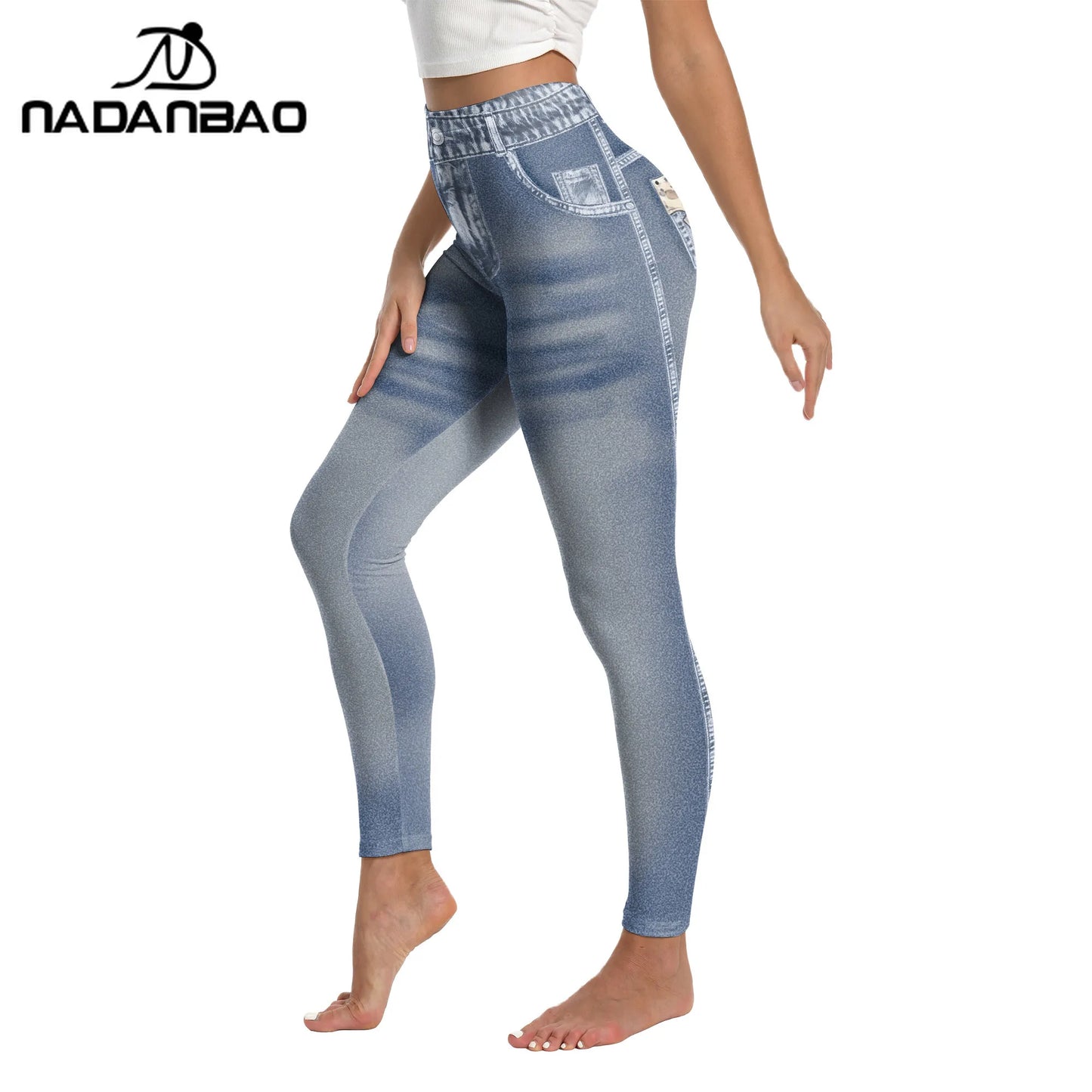 Nadanbao 3D Jeans Print Leggings Women Blue Grey Denim Pattern Pants Soft Slim Tights Sports Fitness Trousers Casual Streetwear