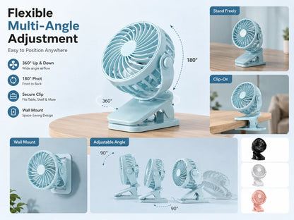 Rechargeable Fan 720° Rotating Hanging Clip Fan with Nightlight for Easy Portability Office Bedroom Dormitory Outdoor Small Fan