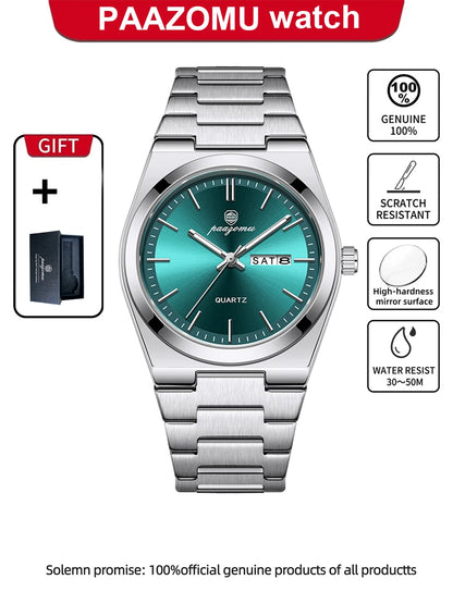 PAAZOMU Fashion Men's Quartz Watch Stainless Steel Waterproof Luminous Man Watch Chronograph Date Multifunction Watches For Men