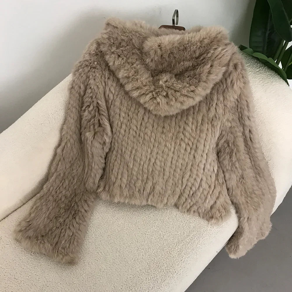 2024 Short Rabbit Fur Coat for Women Autumn Winter New Encrypted Thickened Handmade Double-sided Woven Hooded Korean Style