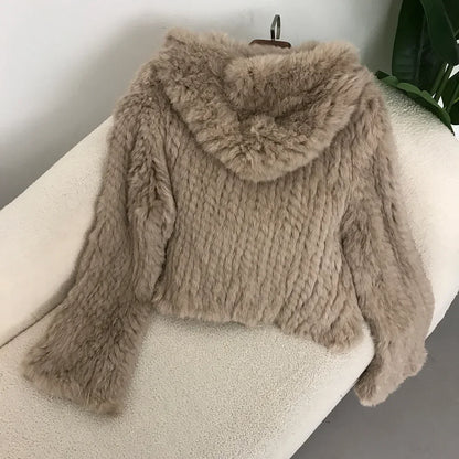2024 Short Rabbit Fur Coat for Women Autumn Winter New Encrypted Thickened Handmade Double-sided Woven Hooded Korean Style