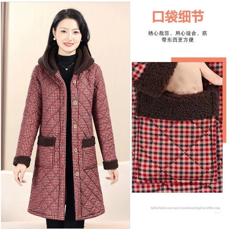 Winter Coat New Vintage Velvet And Thickening Single breasted Cotton Coat for Women Fit Cotton Clip Warm Long Parka Plaid Coat