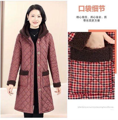 Winter Coat New Vintage Velvet And Thickening Single breasted Cotton Coat for Women Fit Cotton Clip Warm Long Parka Plaid Coat