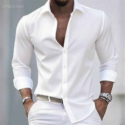 Solid Color Men's Casual White Shirt, Fashionable Casual Long Sleeve Stretch Fabric, Business Formal Shirt, Comfortable Fabric