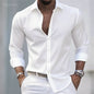 Solid Color Men's Casual White Shirt, Fashionable Casual Long Sleeve Stretch Fabric, Business Formal Shirt, Comfortable Fabric