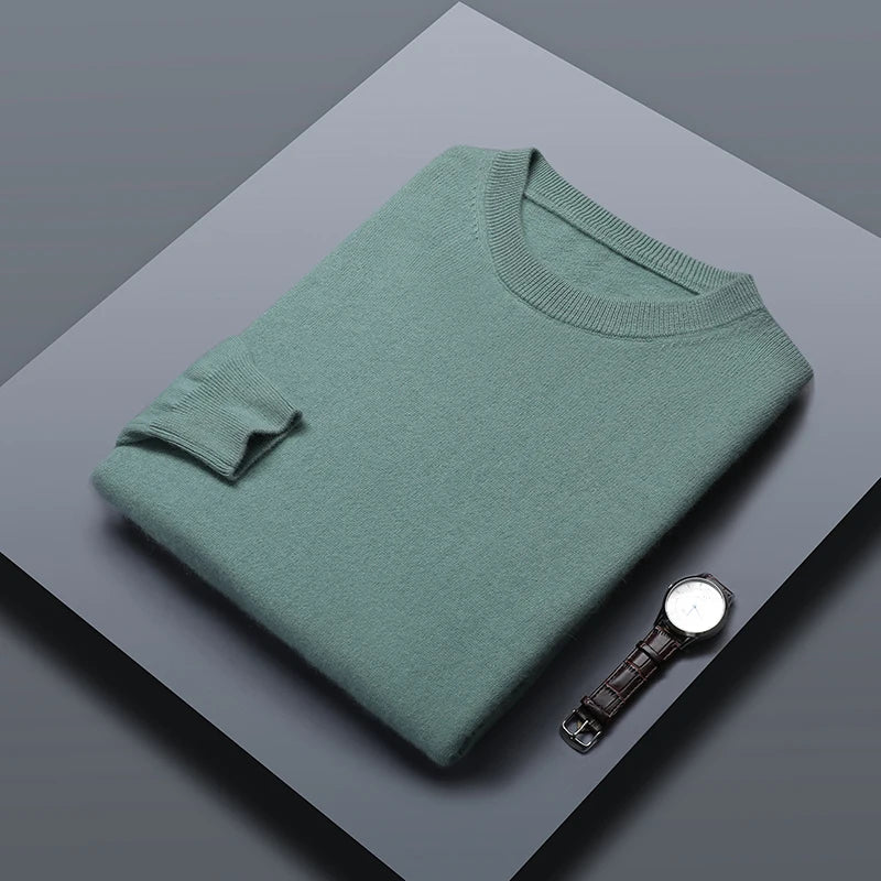 Classic Solid Color Men's O-neck Sweater Autumn Winter 100% Merino Wool Knitted Pullover Long Sleeve Warm Loose Casual Men Tops