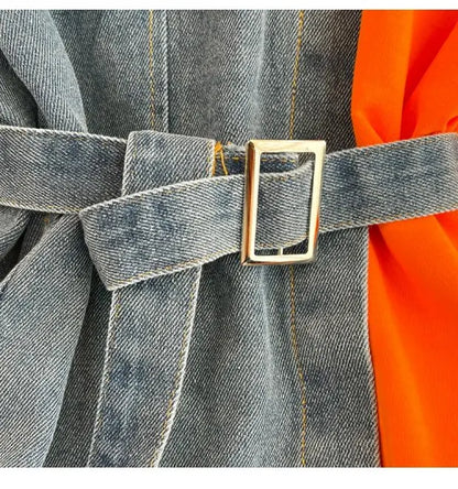Retro Hong Kong Sle Chic Casual Mid-Length round Ne Patchwork Color Denim irt with Belt Spring New Women's Faion Top