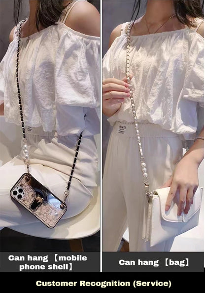 Pearl Leather Chain Mobile Phone Strap Long Crossbody Anti-Loss Shoulder Cord with Metal Pendant for Women