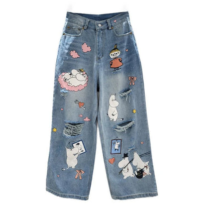WTHT Fashion Trendy Women's Cartoon Print Hole Straight Jeans 2025 Spring New High Waist Wide Leg Denim Pants Female 1LS1175