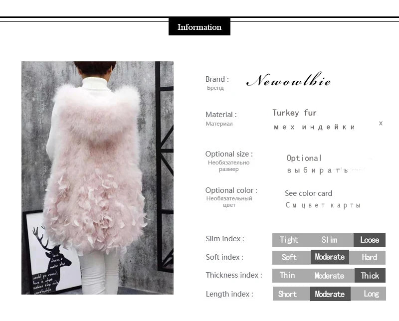 New Turkey feather waistcoat with hat and big swing, medium and long fur coat can be customized