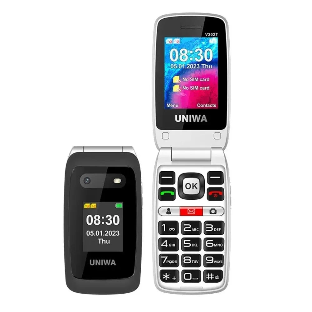 UNIWA V202T 4G Feature Flip Phone Fashion Dual Screen Big Push-Button Flip Mobile Phone for Elderly 1450mAh SOS Function Phone