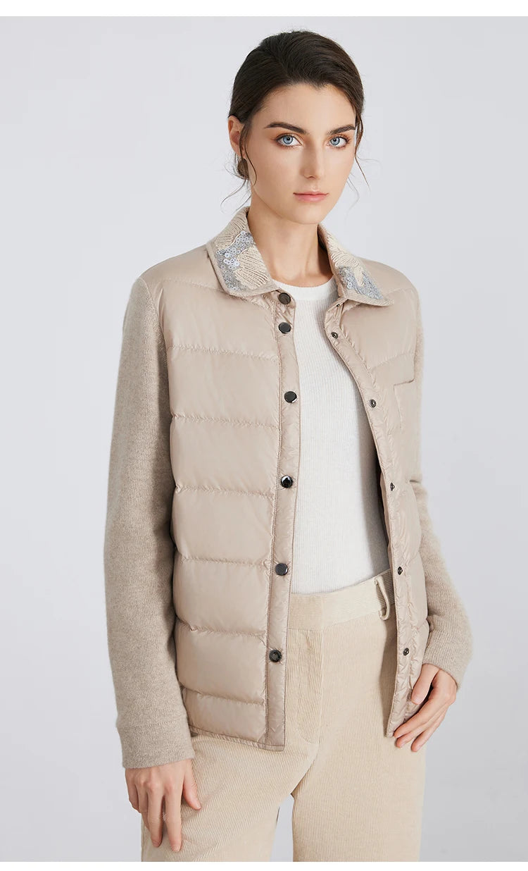 BC911 Polo Collar Spliced 100% Cashmere Long Sleeve Single Breasted White Goose Down Jacket for Women