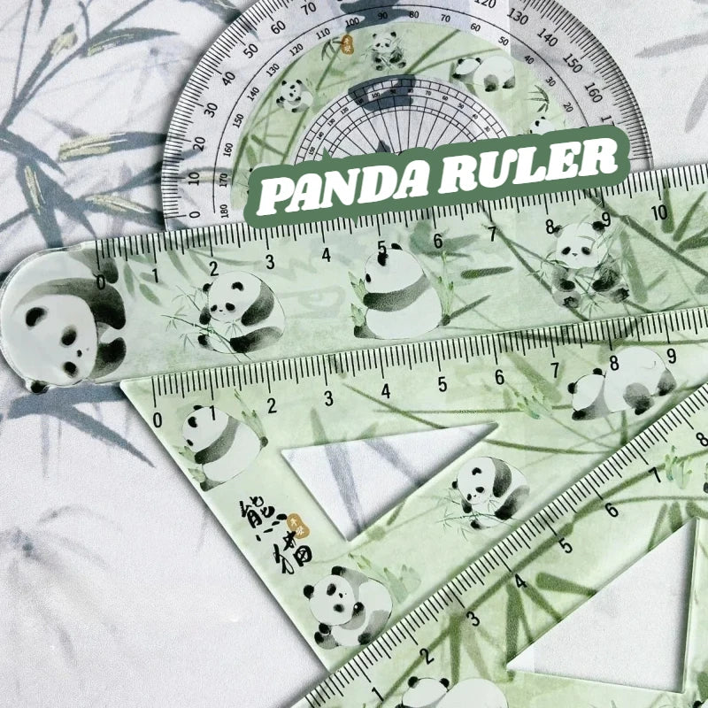 Chinese Cute Panda Bamboo Green Translucent Ruler 4-piece Set Student Plastic Straight Triangle Ruler Protractor Stationery Set