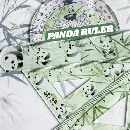 Chinese Cute Panda Bamboo Green Translucent Ruler 4-piece Set Student Plastic Straight Triangle Ruler Protractor Stationery Set