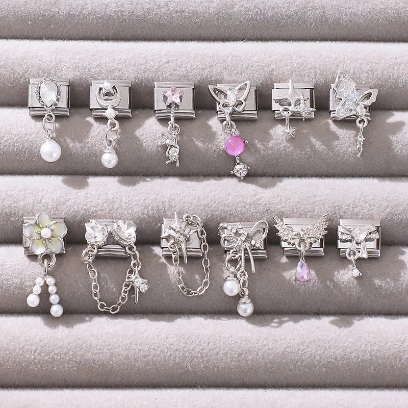 New Shiny Zircon Heart Butterfly Flower Star Bow Italian Charm Links Fit 9MM Stainless Steel Bracelet Girls' DIY Making Gift