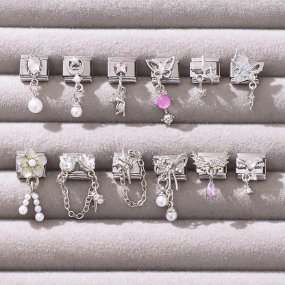 New Shiny Zircon Heart Butterfly Flower Star Bow Italian Charm Links Fit 9MM Stainless Steel Bracelet Girls' DIY Making Gift