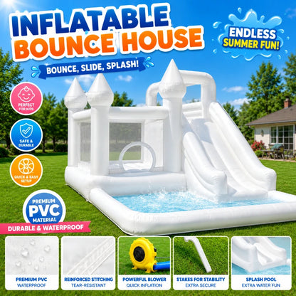 Commercial Grade White Inflatable Bounce House with Slide and Splash Pool, PVC Wet Dry Bouncy Castle for Wedding Party Rental