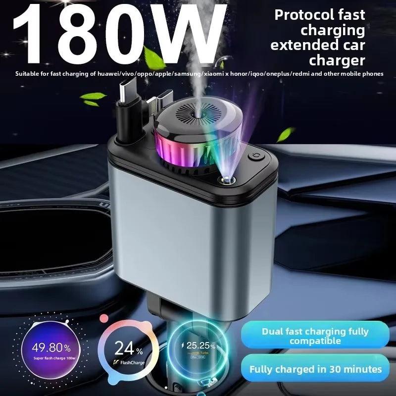 120W 5-in-1 Car Fast Charger Retractable Cable PD 30W Digital Voltmeter Star Light Car Charging Adapter For IOS Android