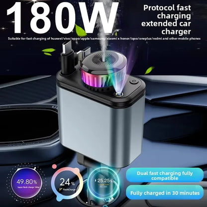 120W 5-in-1 Car Fast Charger Retractable Cable PD 30W Digital Voltmeter Star Light Car Charging Adapter For IOS Android