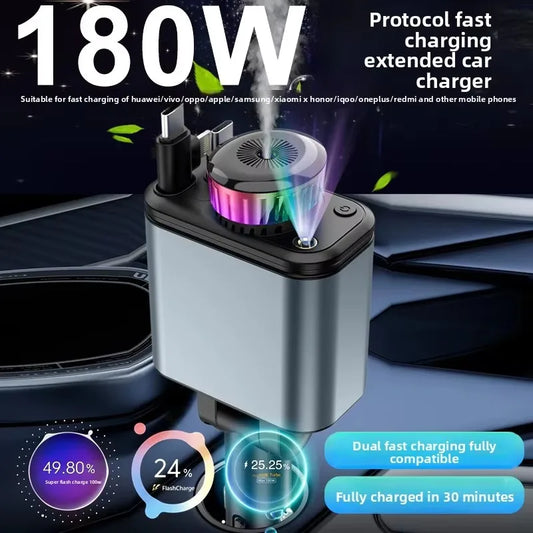120W 5-in-1 Car Fast Charger Retractable Cable PD 30W Digital Voltmeter Star Light Car Charging Adapter For IOS Android