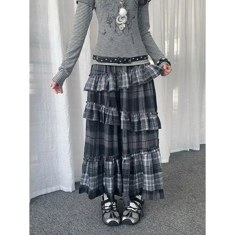 Y2k Vintage Long Skirts Plaid Ruffles Patchwork Harajuku Casual Loose Cake Skite Punk Gothic Streetwear All Match Women Clothing