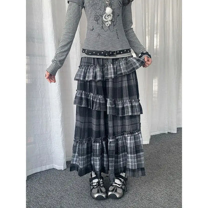 Y2k Vintage Long Skirts Plaid Ruffles Patchwork Harajuku Casual Loose Cake Skite Punk Gothic Streetwear All Match Women Clothing
