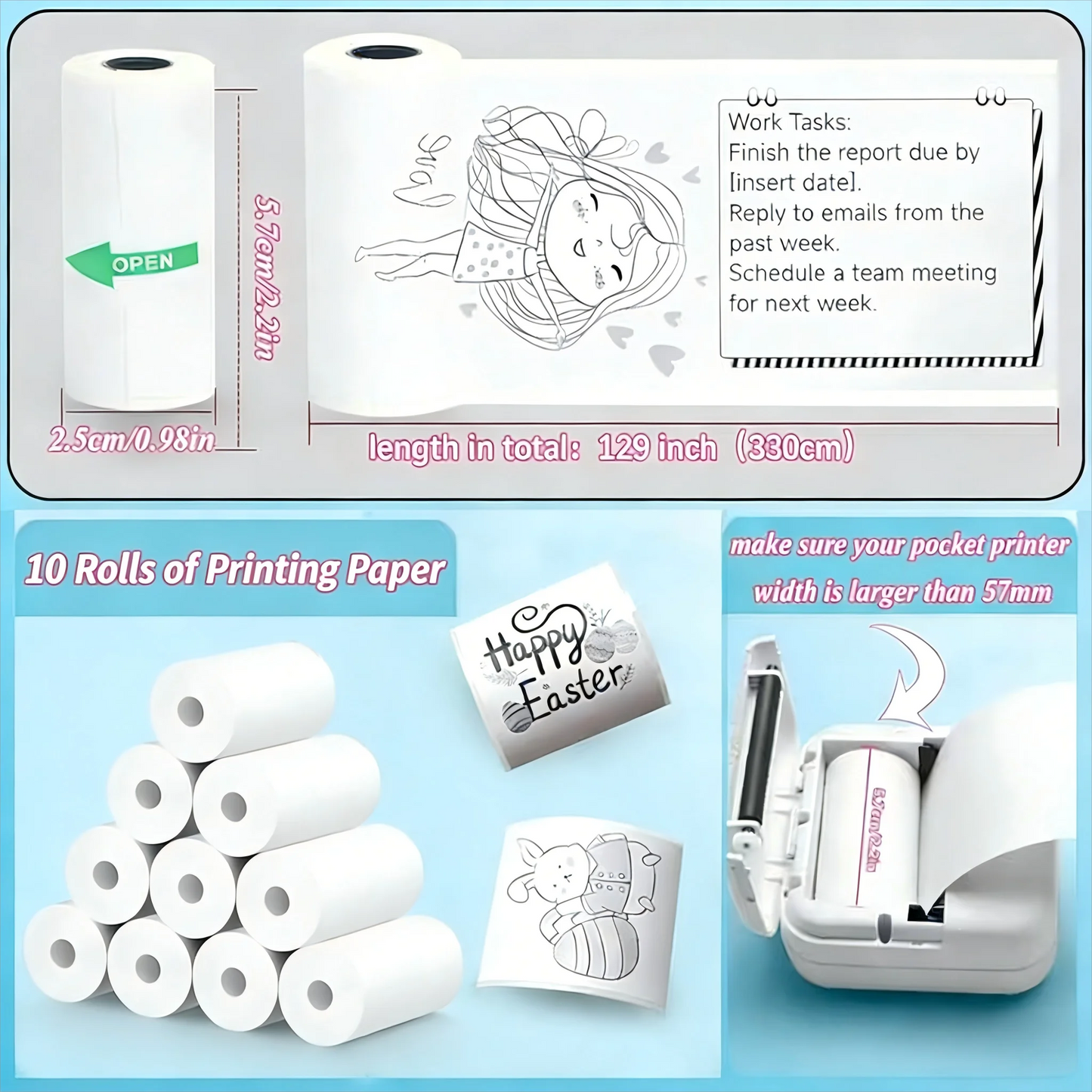 10 Rolls Kids Instant Camera Refill Print Paper Film Coreless Thermal Print For 57mm Portable Cash Registers Mobile Printer