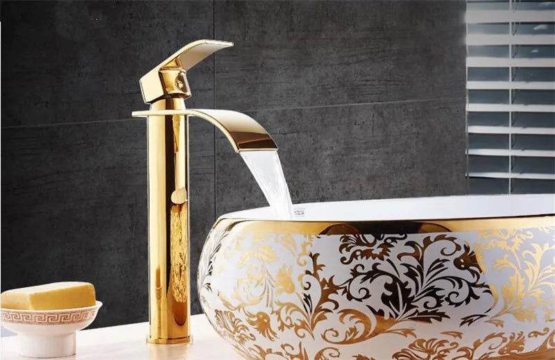 Basin Faucet Gold and White Waterfall Faucet Brass Bathroom Faucet Bathroom Basin Faucet Mixer Tap Hot and Cold Sink Faucet