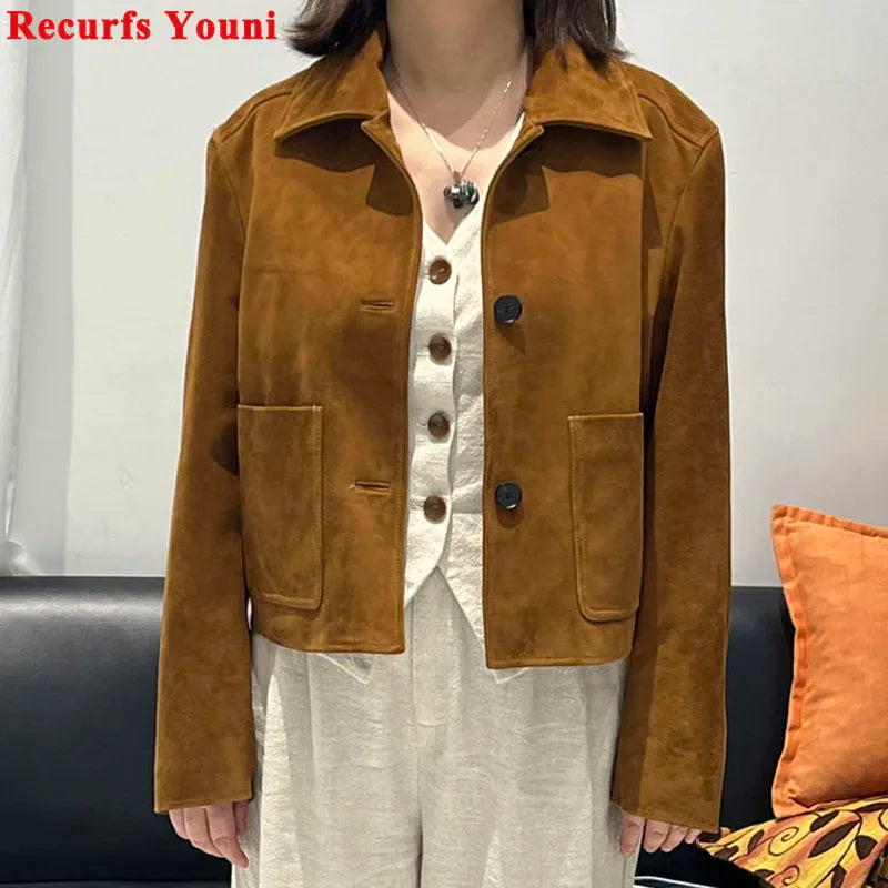 European Imported Kid Suede Leather Jacket for Woman High Grade Turn Down Collar Pocket Short Cropped Coat Long Sleeve Top Mujer