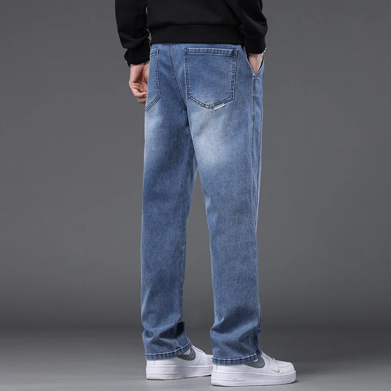 Autumn Winter Blue Jeans Men Drawstring Elastic Waist Cotton Cargo Denim Pants Work Fashion Thick Trousers Male Plus Size M-4XL