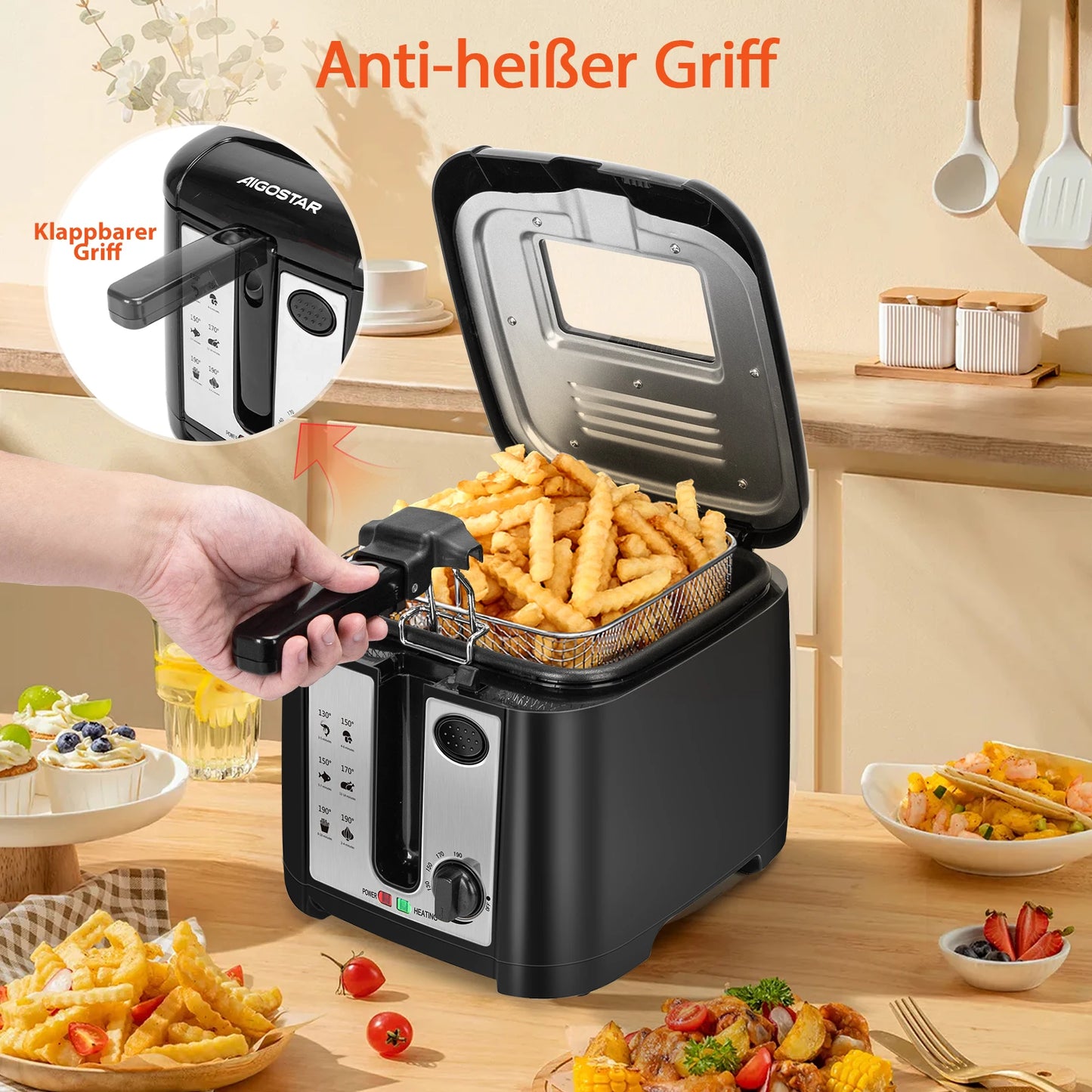 Aigostar gruzdintuvė, 2,5 l talpos, 1650 W, be BPA, su permatomu langu, temperatūros reguliavimu ir ekranu, juoda