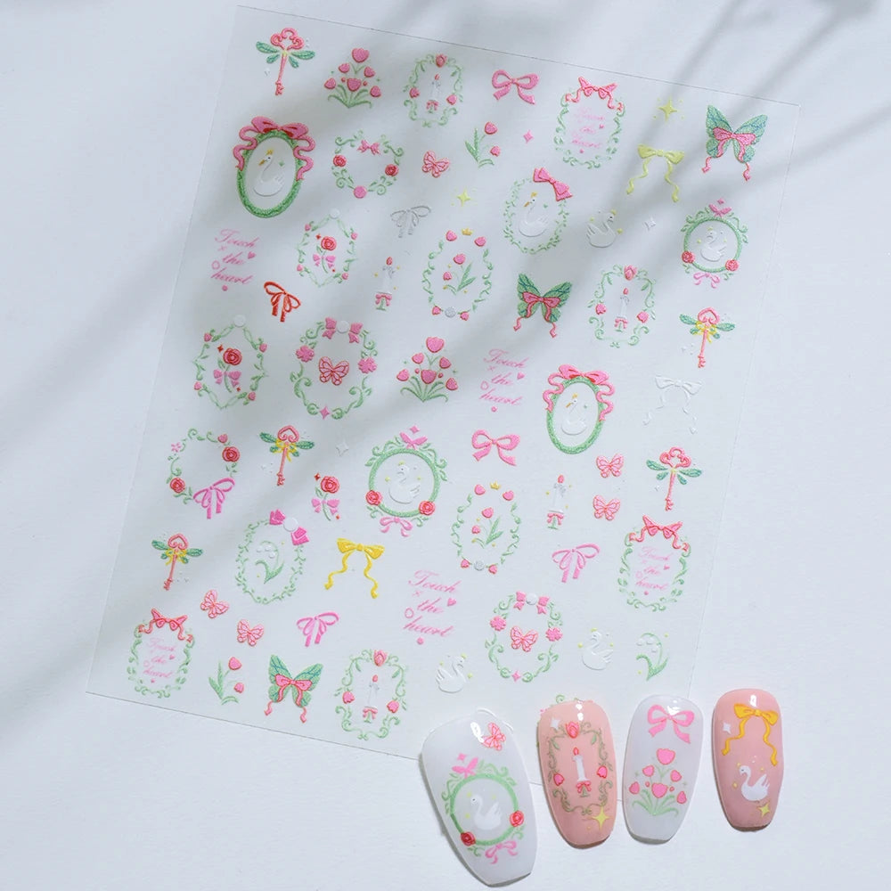 5D Hibiscus Flower Nail Embossed Sticker Lace Flower White Pink Petal Floral Self Adhesive Nail Art Slider DIY Elegant Romantic