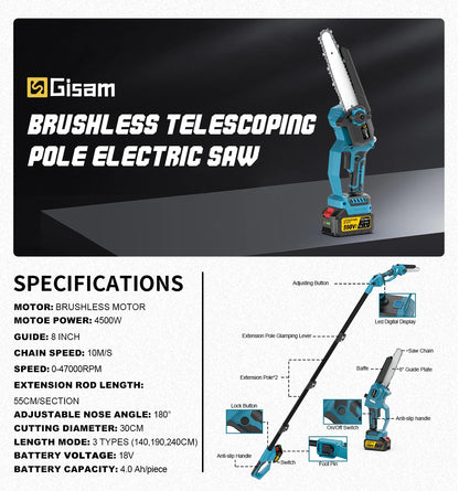 Gisam 8Inch Brushless Telescoping Pole Electric Chainsaw High Branch Saw Garden Pruning Power Tool For Makita 18V Battery Pin