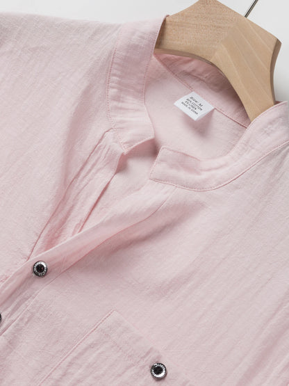 Men's Cotton Linen Short-Sleeve Shirt with Stand Collar & Half-Button Placket - Casual Outdoor Leisure Wear for Spring and Summe