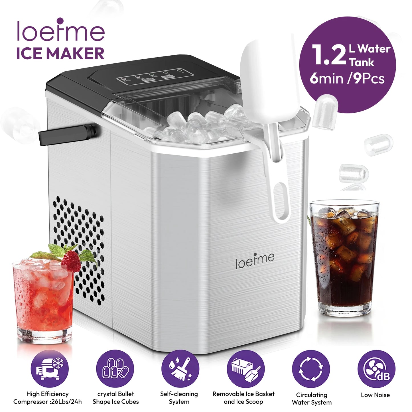 LOEFME 12kg/24h Electric Ice Maker Desktop Fully Automatic Bullet Ice Fast Ice Maker Machine Self-Cleaning Home Cafes Camping